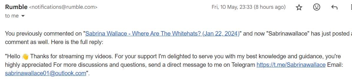 There is a #SabrinaWallace imposter on Rumble trying to get people to contact them with an email and Telegram that is not Sabrina. She sent me this picture and told me this directly and asked me to let people know this is someone impersonating her.

More pics below to show…