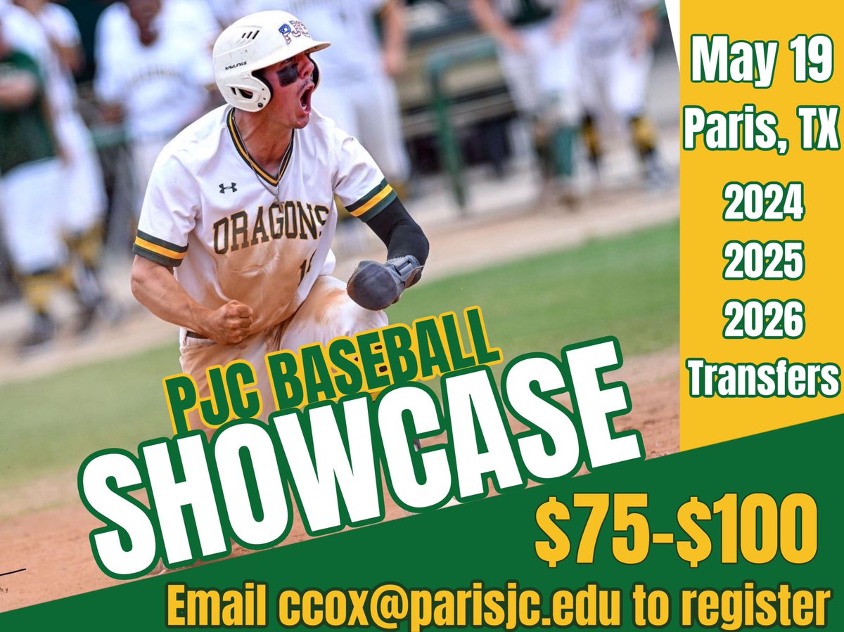 🚨 UNCOMMITTED SHOWCASE 🚨

Paris Junior College Baseball will be hosting an uncommitted showcase camp on May 19th! Please email ccox@parisjc.edu for more information or to register!

#PJCbaseball #uncommitted