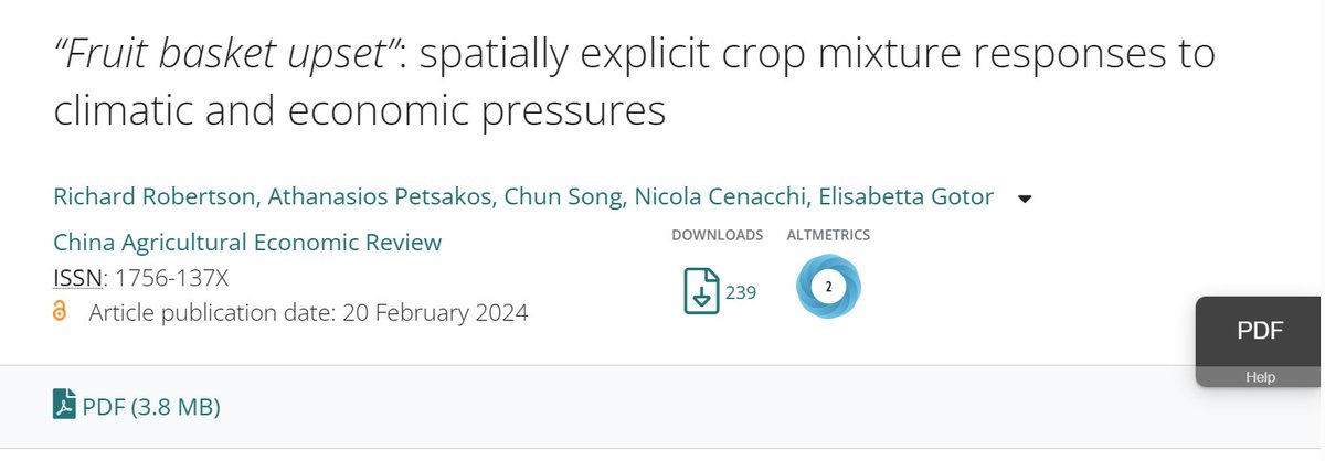 #NowReading “Fruit basket upset”: spatially explicit crop mixture responses to climatic and economic pressures. 🖊️By Richard Robertson, Athanasios Petsakos, Chun Song, Nicola Cenacchi, and Elisabetta Gotor. #OpenAccess🔗doi.org/10.1108/CAER-0… @CGIAR @ncenacchi