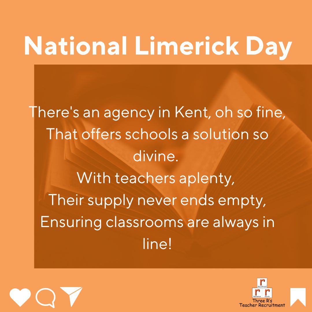 There's an agency in Kent, oh so fine, That offers schools a solution so divine. 
With teachers aplenty, 
Their supply never ends empty, Ensuring classrooms are always in line!

It's #NationalLimerickDay ! Tag us in your best rhymes.

#kentschools #teacherrecruitment #coversupply