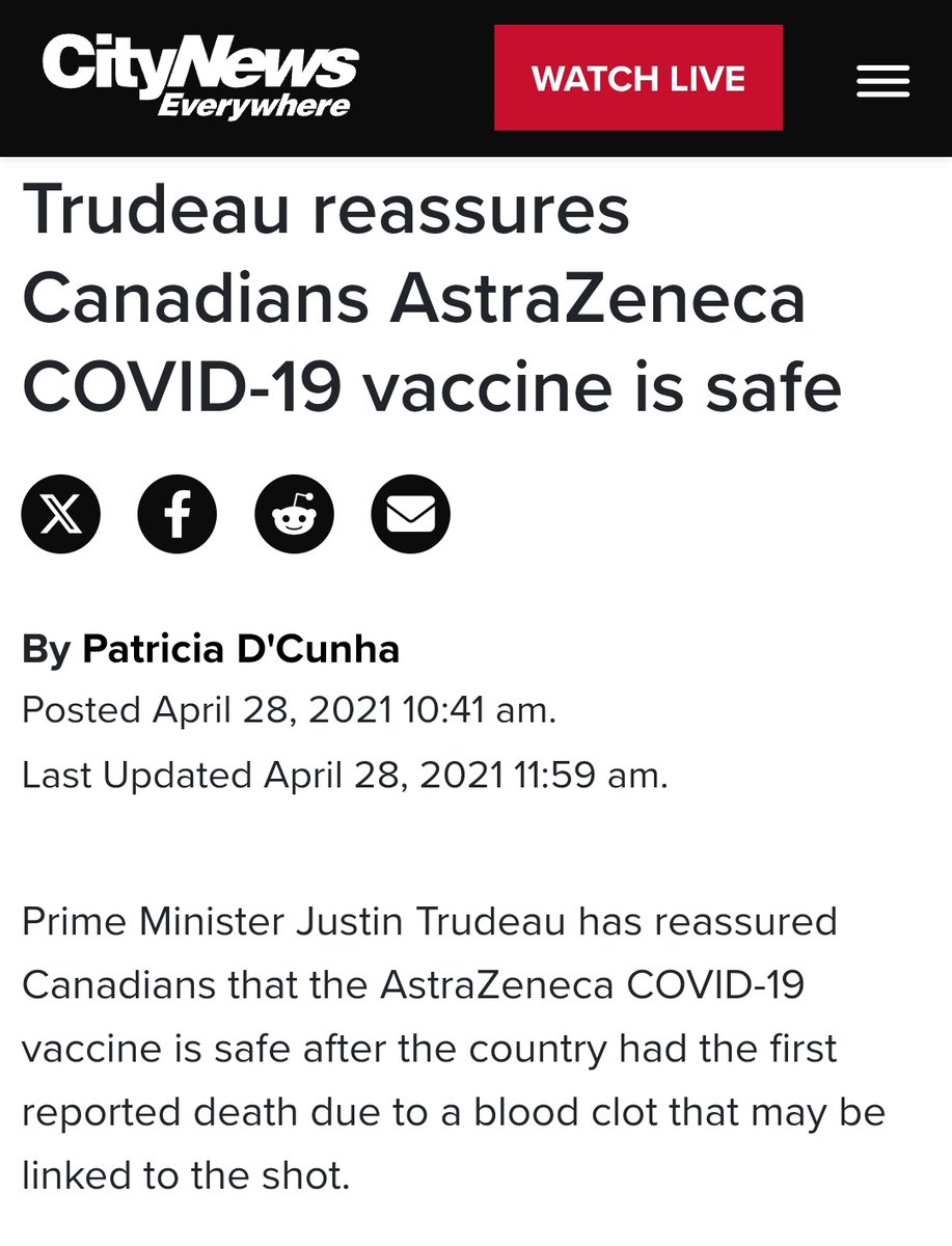 Remember when PM Trudeau still recommended the AstraZeneca vaccine after a woman died from a blood clot?

Safe and effective, they said.