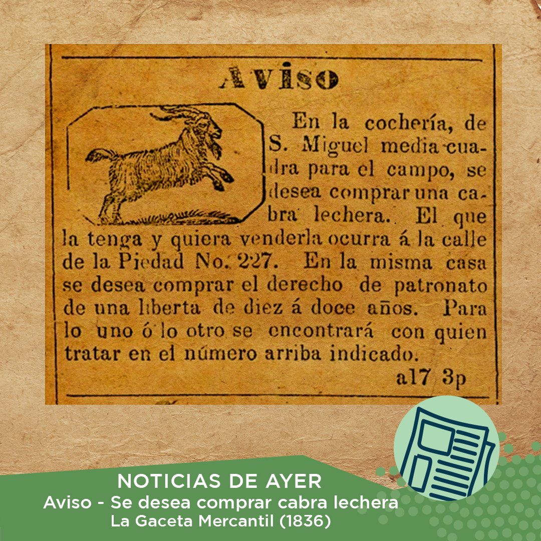 NOTICIAS DE AYER Aviso - Se desea comprar cabra lechera La Gaceta Mercantil (1836) Material del Archivo General de la Nación