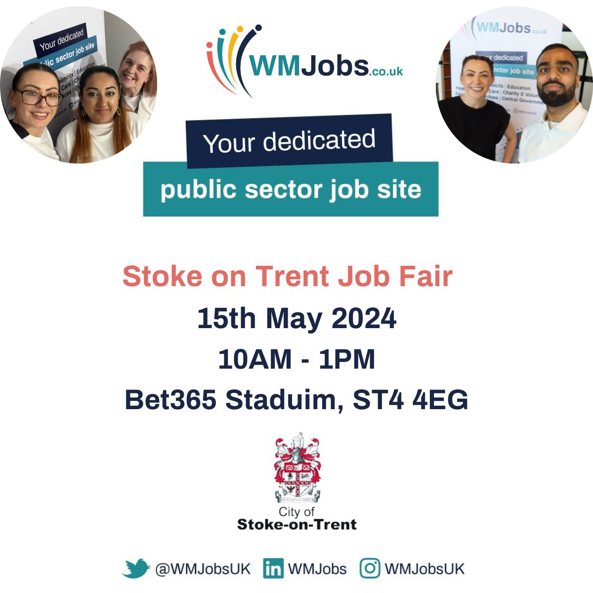 🎉 The WMJobs team will be at the Bet365 Stadium next Wednesday, joined by Stoke-on-Trent City Council. 

Come along to learn more about opportunities in the Public Sector and your area! 🔍

We'll be there from 10AM-1PM

@sotcitycouncil

#Stoke #JobsFair #WMJobs #PublicSector
