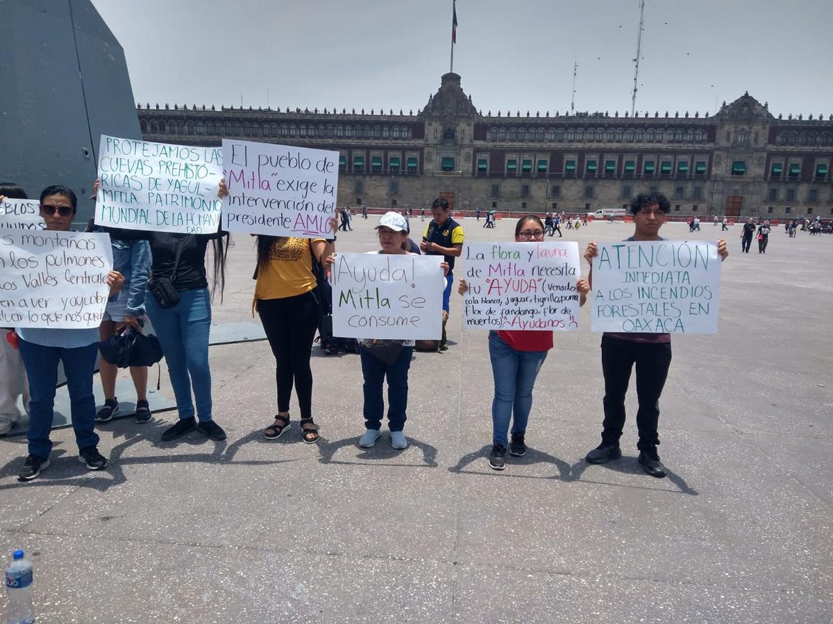 InformandoAOaxa's tweet photo. Ante la ineptitud del gobernador del estado @salomonj y de @jesusromerooax para sofocar el incendio, paisanos de la Villa de Mitla salieron al zócalo de la CDMX para pedir ayuda a  @lopezobrador_ https://t.co/nSNeNx2nPl