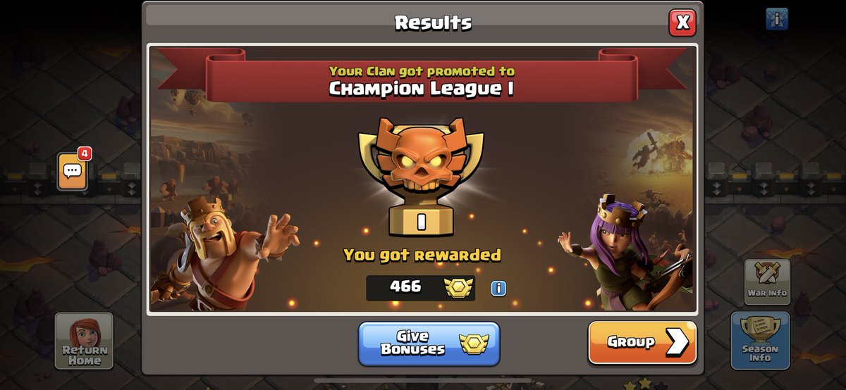 We joyfully announce our ascent to Champions League 1 in Clan War League in Clash of Clans. This milestone, achieved through unity and skill, embodies our dedication to excellence. Gratitude to all who contributed. Together, we shall continue our noble quest for victory.