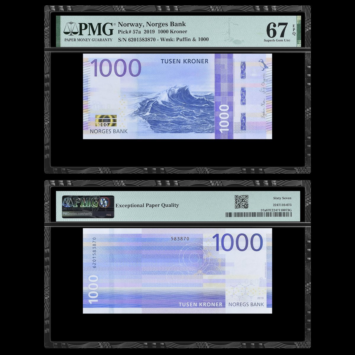 Note of the Day: The newest species to call the #PMGzoo home is the puffin, a seabird that relies on fishing for its diet. A small puffin can be seen in the top right corner of the front of this Norway, Norges Bank 2019 1,000 Kroner graded PMG 67 Superb Gem Uncirculated EPQ.