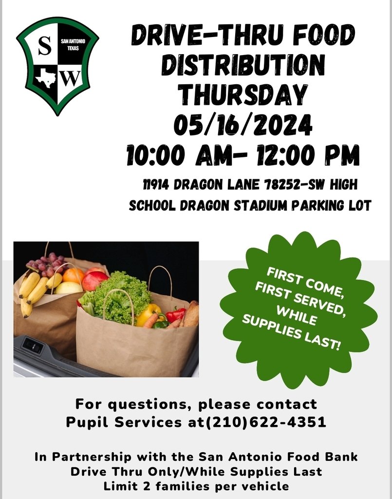 SWISD's Drive-Thru Food Distribution is this coming Thursday, May 16th. See flyer for more details.