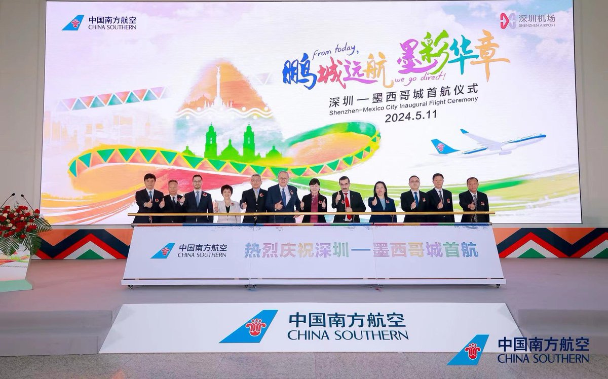 La compañía aérea China Southern tuvo el vuelo inaugural Shenzhen-🇲🇽 Se trata del único vuelo directo 🇨🇳-LATAM y el más largo jamás salido de 🇨🇳, ¡16+ hrs en el aire! Para llegar a este lado del continente. Promete mucho. Habrá dos salidas por semana. Suena muy interesante.