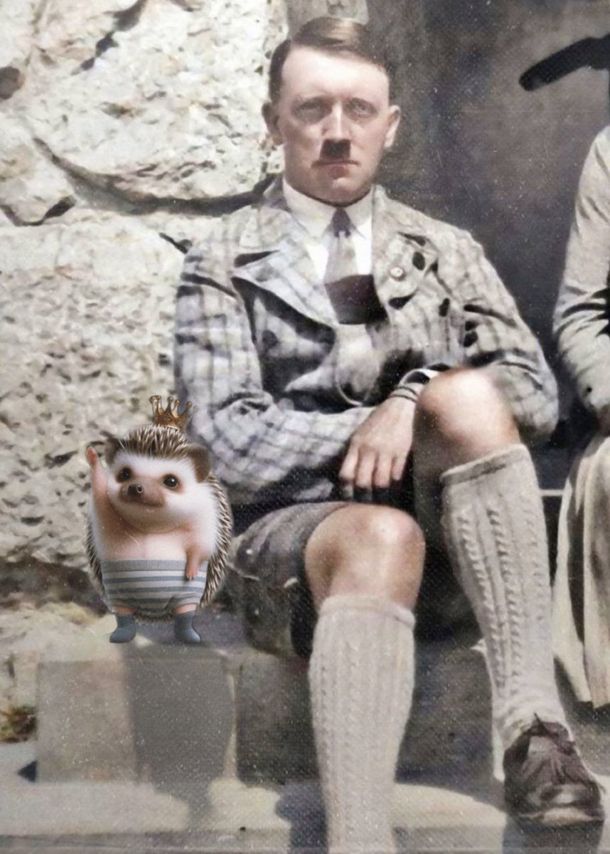 Date unknown- A young Adolf Hitler sitting on a stoop with Hans the #HappyHedgehog -(probably) Check back soon for more newly uncovered historic relics from the Hedgehog Files.