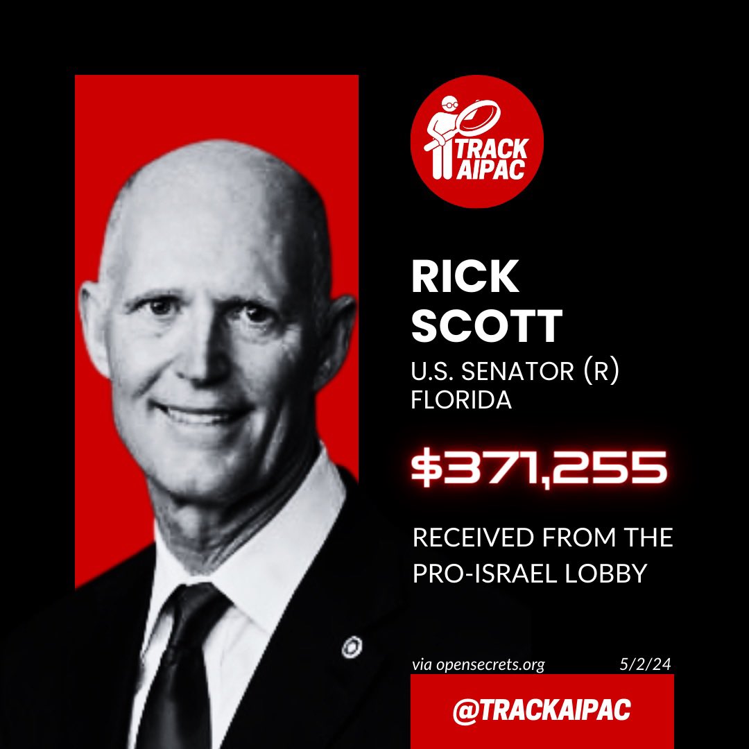 @SenRickScott Rick Scott has received >$371,000 from AIPAC and their allies. He is working for the Israel lobby. #RejectAIPAC #FLSEN