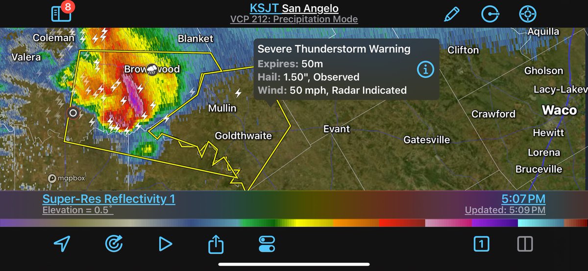 A Severe Thunderstorm WARNING is in effect for Mills county.  Hail up to ping pong ball size is possible as it moves east. #ctxwx