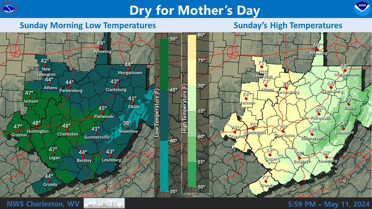 Mother's day will be dry. It will be a chilly start to the day, but afternoon high temperatures will be within a few degrees of normal for this time of year. #wvwx #ohwx #kywx #vawx
