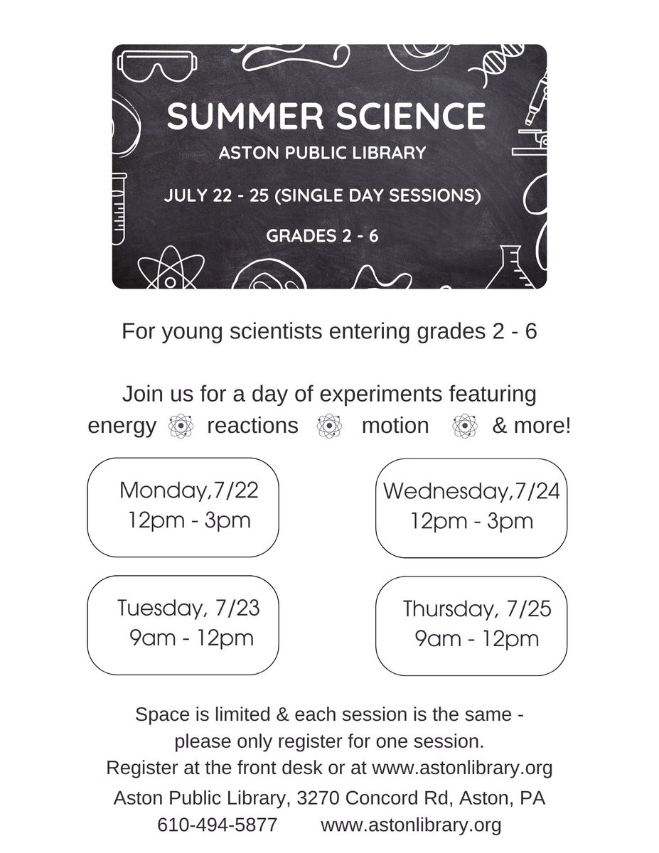Register your child now for this FREE Summer Science class!
July 23th class - delcolibraries.libcal.com/event/12447011
July 24th class - delcolibraries.libcal.com/event/12447015
July 25th class - delcolibraries.libcal.com/event/12447023
<a href="/astontownship/">Aston Township</a> 
<a href="/PennDelco/">Penn-Delco SD</a>
<a href="/CoebournES/">Coebourn Elementary</a>
<a href="/PDSD_AstonES/">Aston ES</a>
<a href="/PDSD_Pennell/">Pennell Penguins</a>
<a href="/ParksideES/">Parkside Elementary</a>