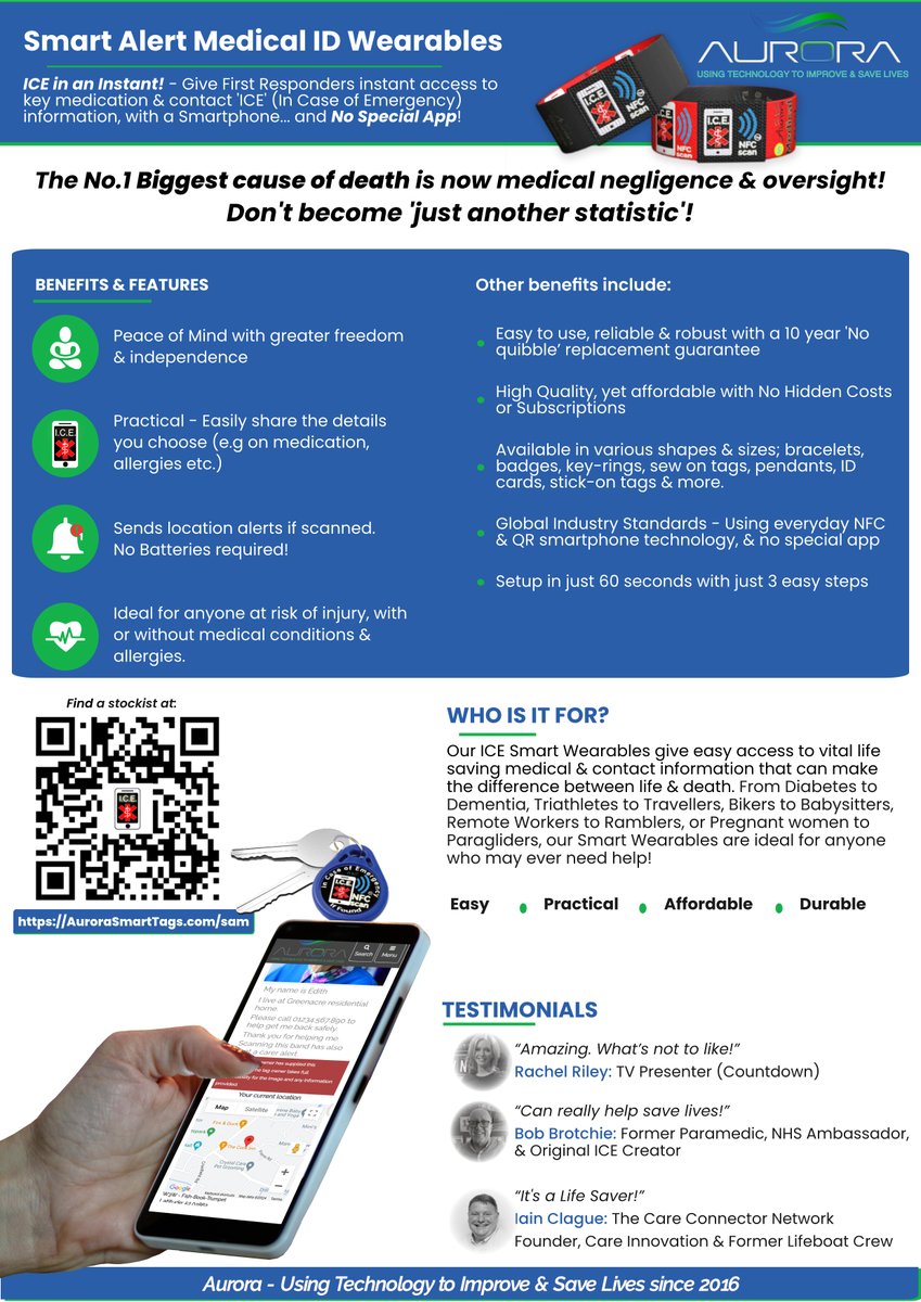 AuroraSmartTech's tweet image. #Aurora Smart Medical Alert ID Life Saving Wearables - Offering peace of mind & 'ICE in an Instant' - Visit AuroraSmartTags.com/brochure
for more information.