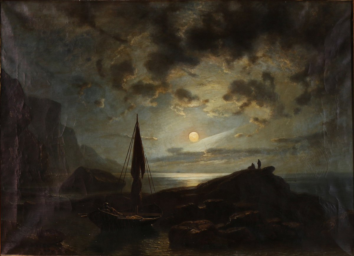 #HistoryofPainting Knud Baade (28 March 1808 - 24 November 1879) was a Norwegian painter, mostly of portraits and landscapes. #TheFreeExhibition 'Moonlight over a rocky coast.', 1868 Collection Private collection Source/Photographer bruun-rasmussen.dk
