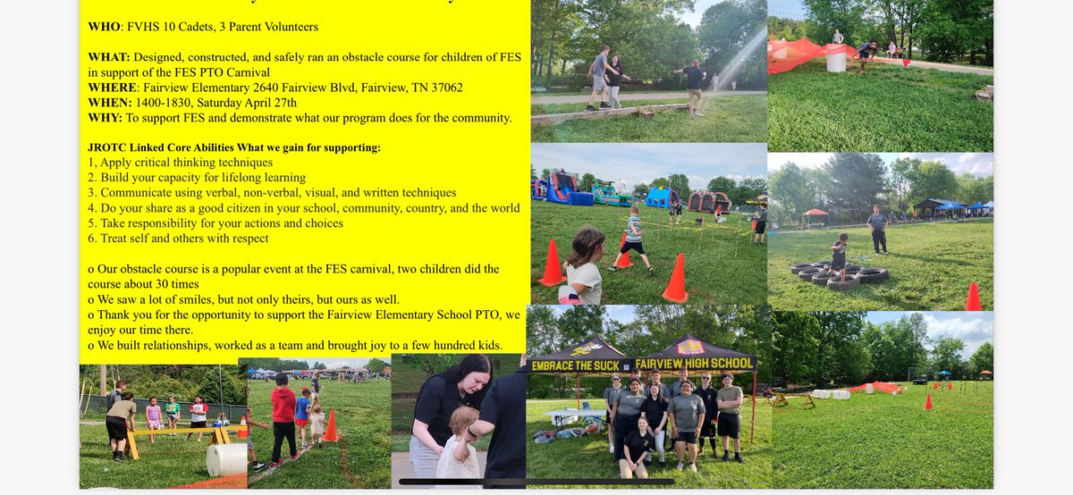 wcsFvHSct's tweet photo. FvHS JROTC cadets designed, built, and operated an obstacle course  for Fairview Elementary School Students at their annual carnival! https://t.co/5Oh11dR2oZ