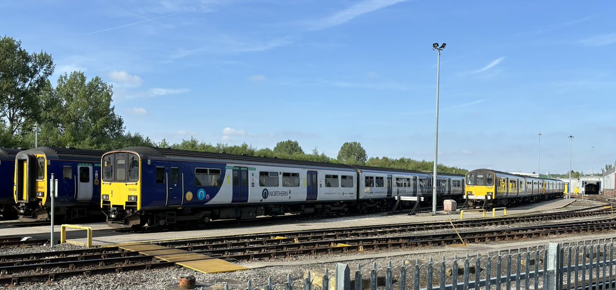 Northerns Newton Heath depot with class 156 No. 156402 & class 150’s No’s 150102 & 150120 amongst other units basking in the sun during a strike. 8th May 2024.