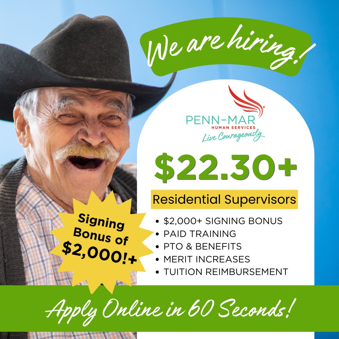 We're hiring!🎉

Starting wages:
✅ Direct Support Professional: $18.50+
✅ Senior Direct Support Professional: $19.56+
✅ Residential Supervisor: $22.30+

Apply in under 60 seconds: discover.penn-mar.org/raisedwages

#Hiring #HumanServices #DirectSupportProfessional