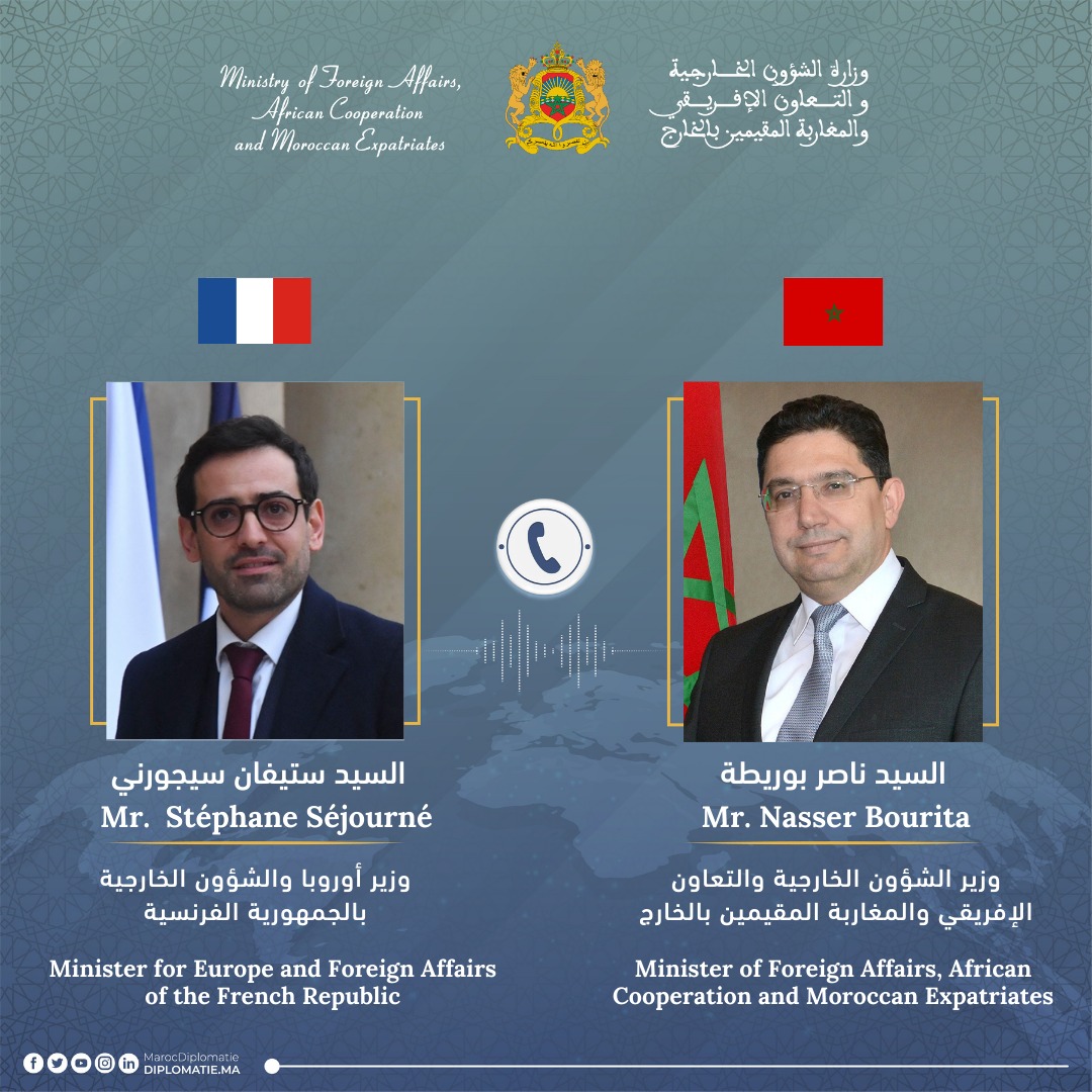 🇲🇦-🇫🇷| M. Nasser Bourita a eu, aujourd’hui, un entretien téléphonique avec le ministre de l’Europe et des Affaires Etrangères de la République française, M. Stéphane Séjourné.