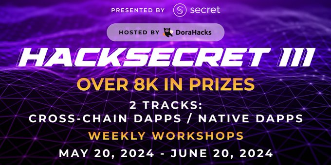3/x
1⃣  Registration for #HackSecretIII is still ongoing and ends in 7 days

#BUIDlers and #Developers can leverage this opportunity to get funding & build innovative dApps using Secret CCL on their favorite EVM, or right on Secret Network. 

To register: dorahacks.io/hackathon/hack…