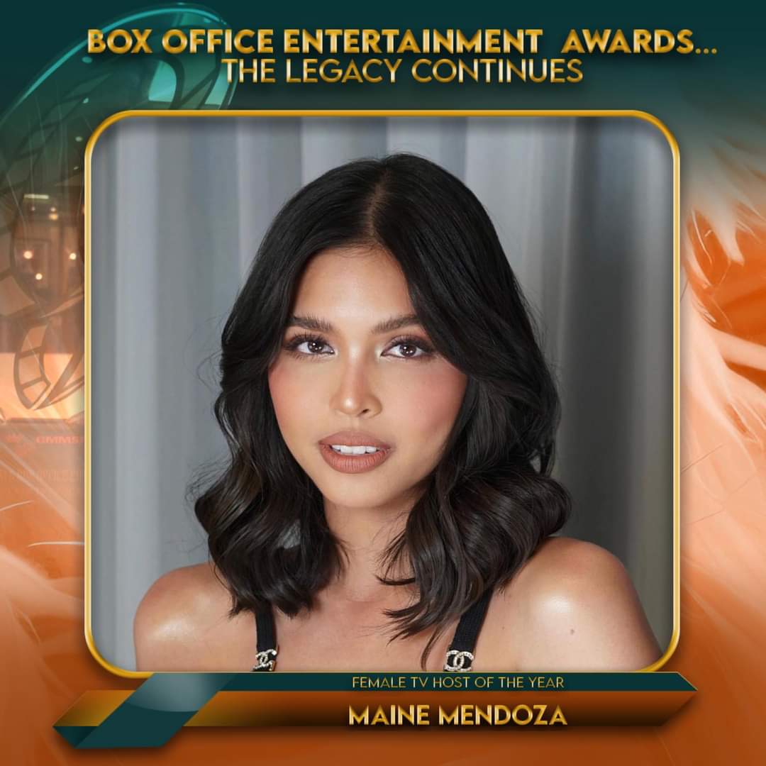 FEMALE HOST OF THE YEAR at the Box Office Entertainment Awards 2024 🎊🎉🏆🎉🎊 Today she will be honored at the Henry Lee Irwin Theater in Ateneo De Manila University🫶 @mainedcm | #MaineMendoza