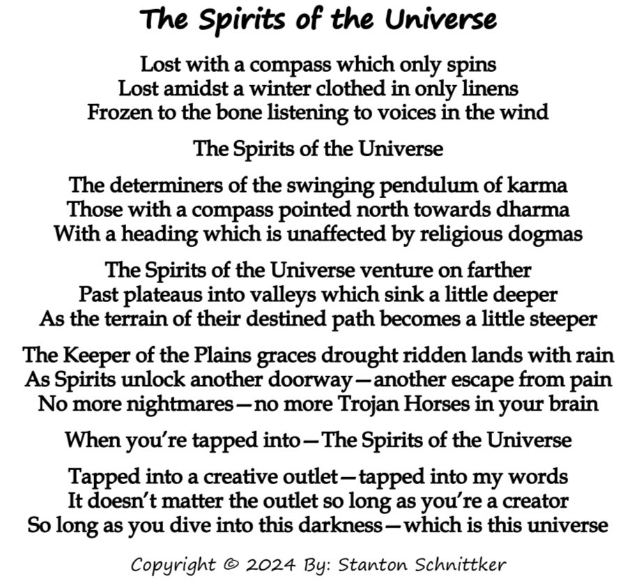 The Spirits of the Universe
Daily Post #664

-

#spirited #spirits #SPIRITUAL #art #artist #writer #writing #poetry #poem #poems #poet #poets #universe #Karma #FYP #foryou #foryoupage #fypageシ #foryourpage #author #compass #trending #PoemADay #poetrylovers #poetrytwitter