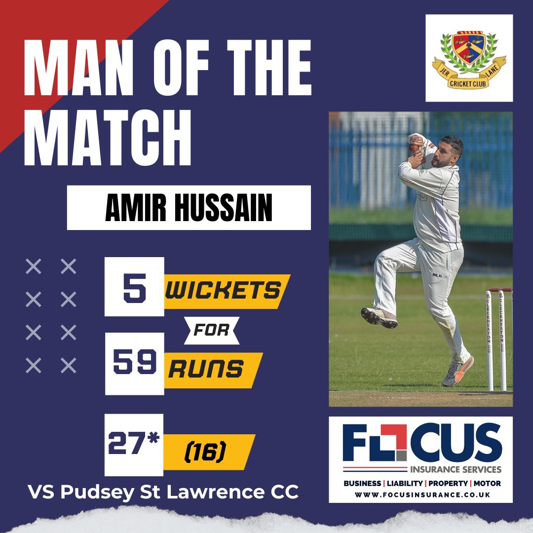 Jer Lane take a crucial 20 points on the road vs @PSLCC 
Batting first scoring 274-8 with Abu Bakr scoring 72* well supported by Mosun (67) and Kyme (61) Bowling out PSL for 170 with MOM Amir Hussain taking 5-59

Sponsored by @BradfordFocus 

Week 4 the boys welcome @PudseyCongs