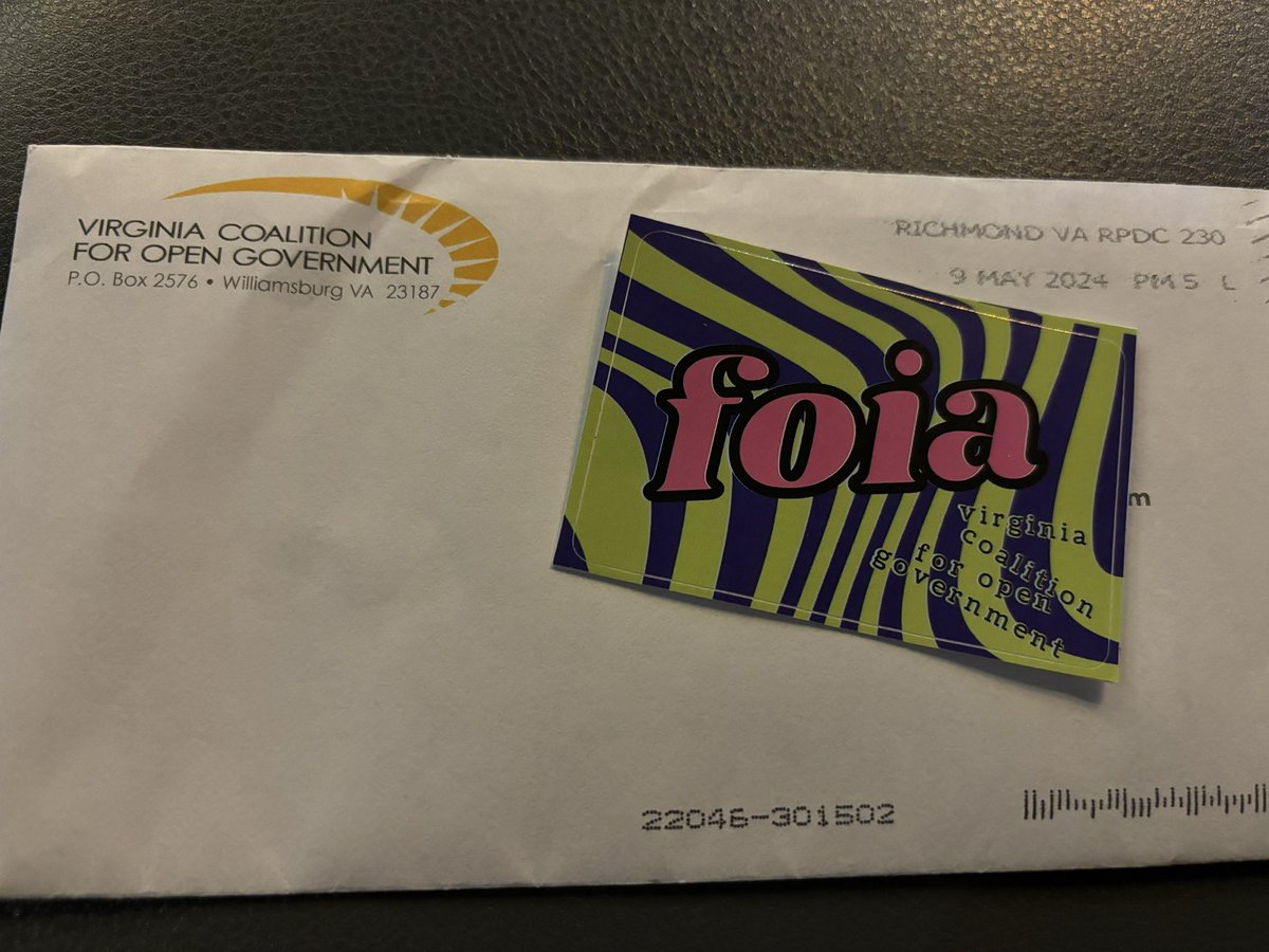 Check out this groovy FOIA sticker <a href="/opengovva/">Megan you-are-my-sunshine Rhyne</a> sends out to thank donors! Y'all should send them a few bucks, or at least give them a follow--there's no time like the present to support critical democracy-protectors like these!