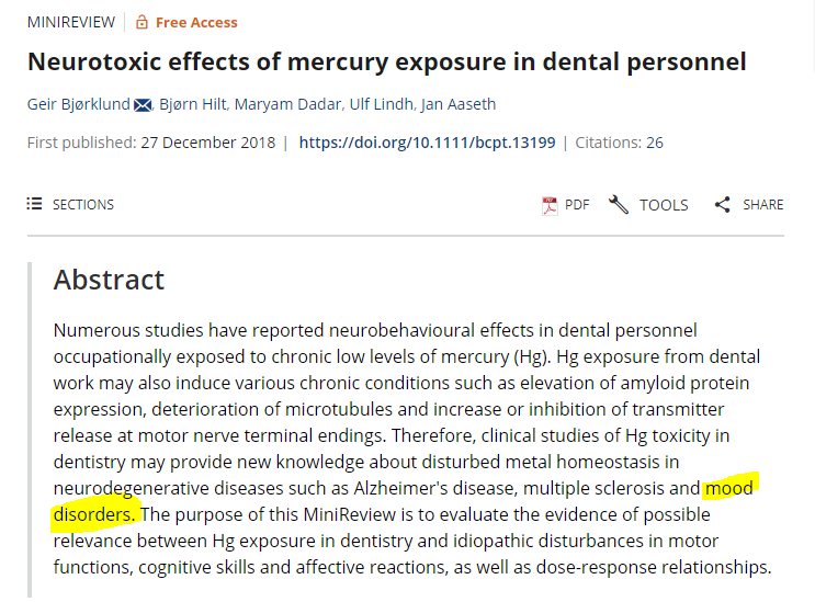 I would bet that one of the main reasons why dentists have some of the highest rates of suicide among health professionals: Chronic exposure to mercury