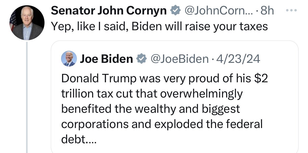 Remember this, bookmark it. @JohnCornyn doesn’t want us to pay the national debt. He is a fake fiscal conservative. Most of us are not in the top 2% bracket as far as incomes and will not have higher taxes. John only cares about advocating for the rich.