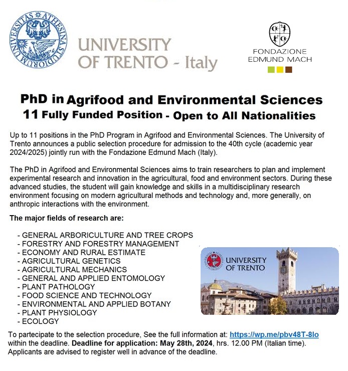 📌 11 PhD Fully Funded Positions in Agrifood and Environmental Sciences at The University of Trento in Italy 🇮🇹 (Open to All Nationalities) ... Please share and spread the word! For details visit: wp.me/pbv48T-8Io