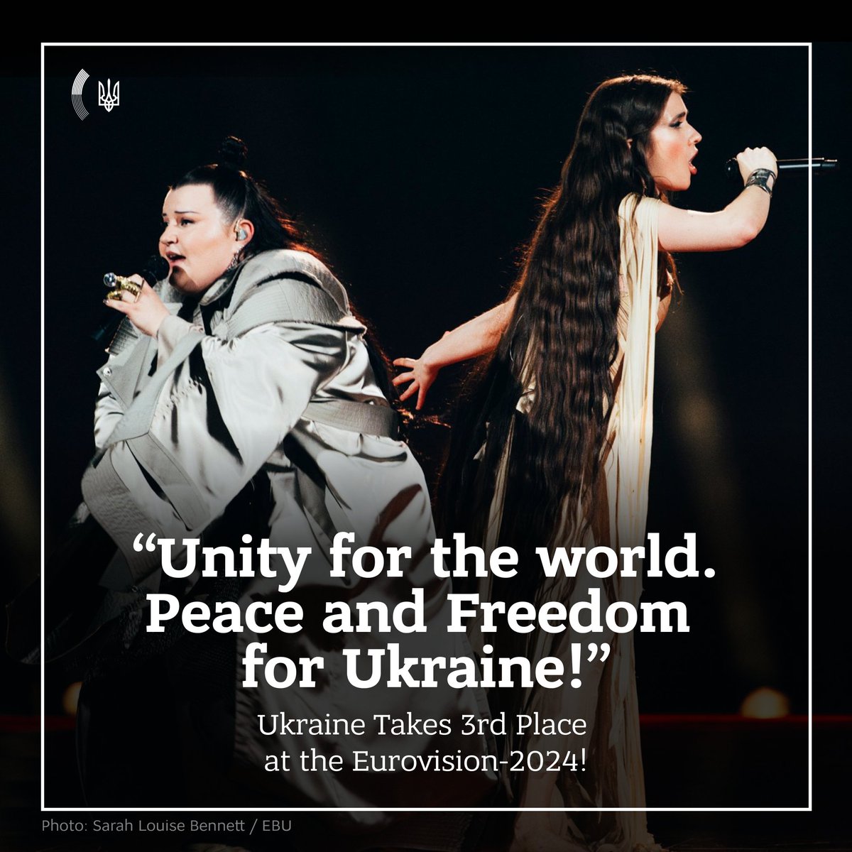 Ukraine finishes 3rd at the #Eurovision2024! 🏆 The duo alyona alyona and Jerry Heil made it to the top three with the song 'Teresa & Maria', which embodies and highlights the strength and resilience of Ukrainian women 🇺🇦 Congratulations to the duo! 👏🏻
