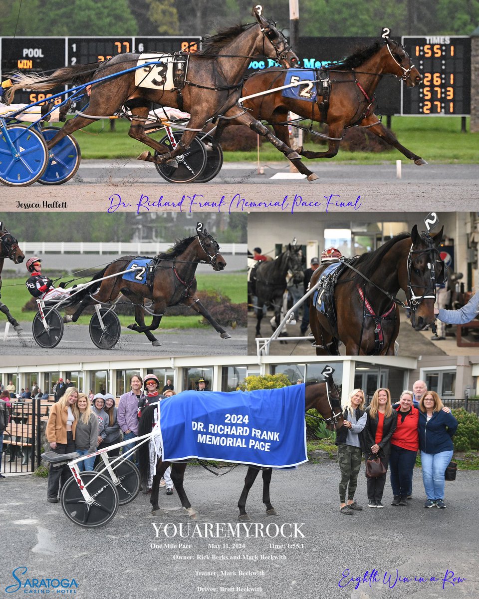 Youaremyrock won his eighth straight race on Saturday (May 11) evening at Saratoga with Brett Beckwith in the bike for trainer Mark Beckwith, who co-owns the winner with Rick Berks. The victory took place in the featured $30,200 Doc Frank Memorial Pace Final in 1:55.1