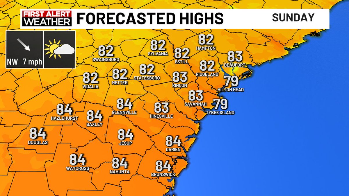 Here's a closer look as what we're expecting highs to look like tomorrow. #sunday #savannahga
