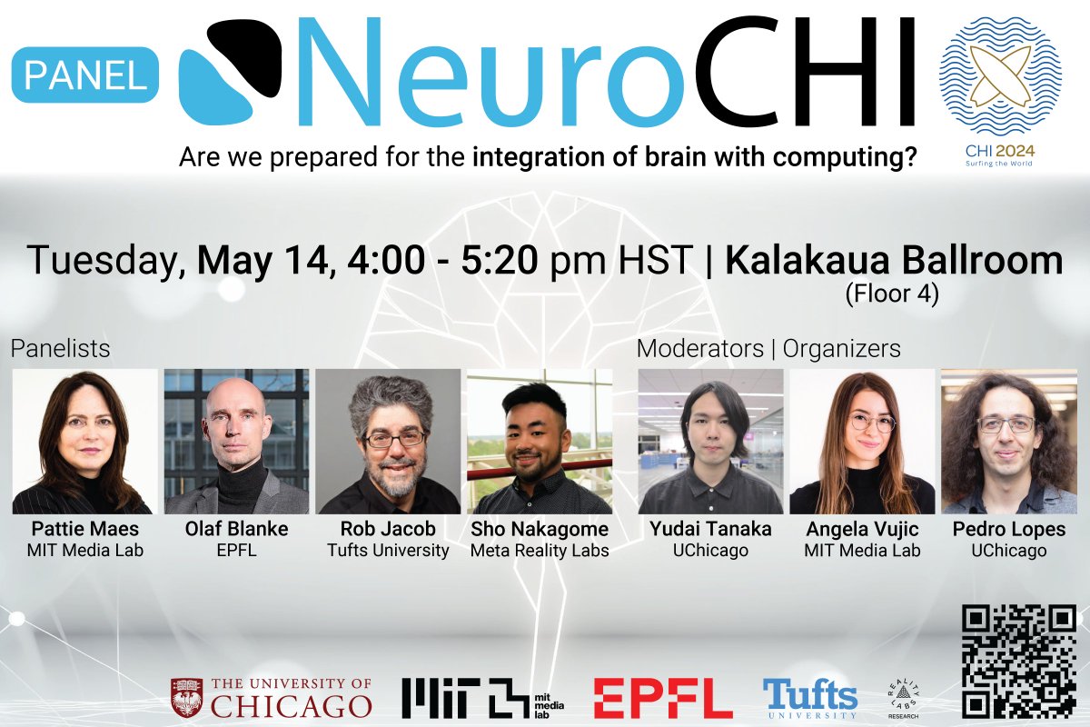 _yudaitanaka's tweet photo. Dear #CHI2024 attendees,

@AngelaVujic, @plopesresearch and I invite you to NeuroCHI 🧠, a panel discussion at the intersection of Neuroscience & HCI. 

Mark your calendars for May14 (Tue) 4:00-5:20 pm (HST) @ Kalakaua Ballroom

Together with amazing panelists—@PattieMaes, @OlafBlankeLab, Rob Jacob, and Sho Nakagome (@gomessdegomess)—

we will discuss the opportunities, challenges, & ethical implications of neurotech and how we, as HCI researchers, can accelerate this exciting domain!