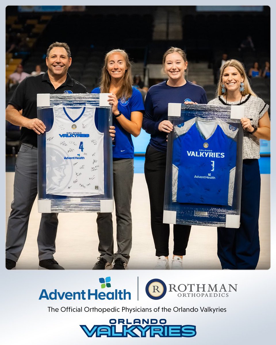 Tonight, ahead of our Inaugural Season Finale, we presented @AdventHealthCFL & @RothmanOrtho with two Team signed jerseys to thank them for their partnership as the Official Orthopedic Physicians of the Orlando Valkyries!