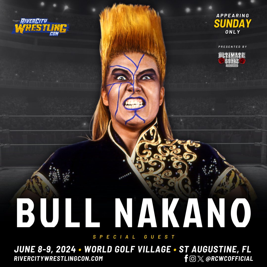 Catch @BULLNAKANO_ live Sunday Only, thanks to @ultimatestarzpr! Secure your tickets and find out more through rivercitywrestlingcon.com/tickets. #RCWC #Florida