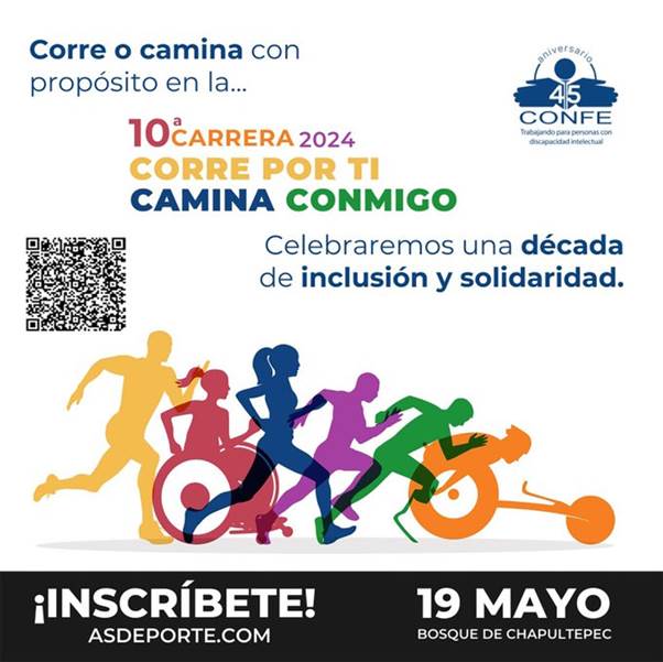 Participa en la 10a Carrera 2024 “Corre por ti, Camina conmigo” organizada por @CONFE_ORG. Se llevará a cabo el próximo 19 de mayo en el Bosque de Chapultepec, para mayor información consulta el siguiente enlace:  asdeporte.com/evento/10a--ca…