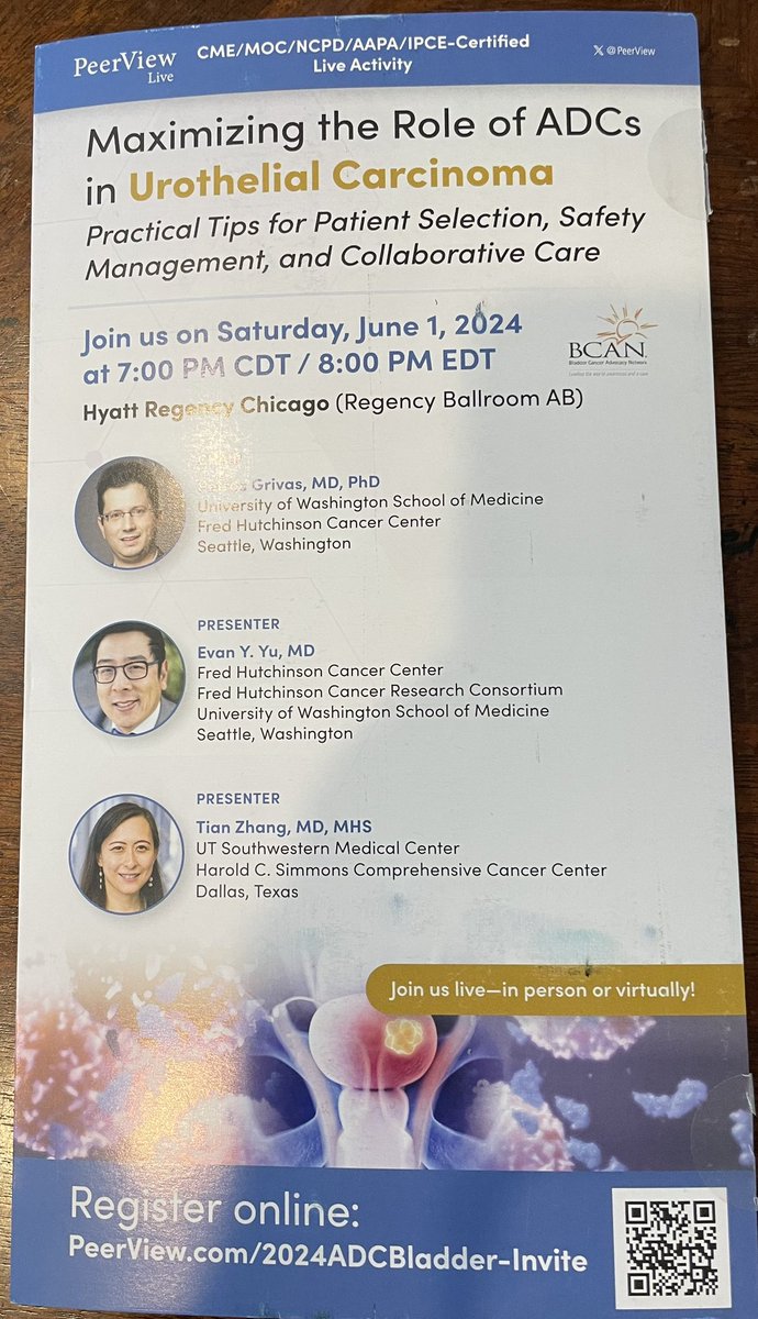 Excited to join forces with @PGrivasMDPhD #EvanYu for this @PeerView session during #ASCO24 — join us evening of June 1 to discuss #bladdercancer and ADCs! @BladderCancerUS @HyattChicago
