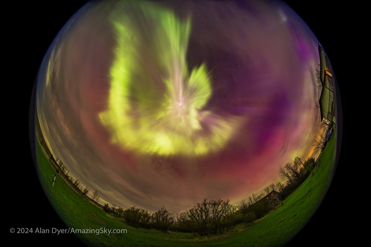 Two images of what I thought were the best, though short-lived, moments of the May 10 aurora show. A tall colourful curtain appeared quickly in the south, then later the zenith exploded for just a minute in a bright corona display. From southern Alberta. Details in the Alt Text.