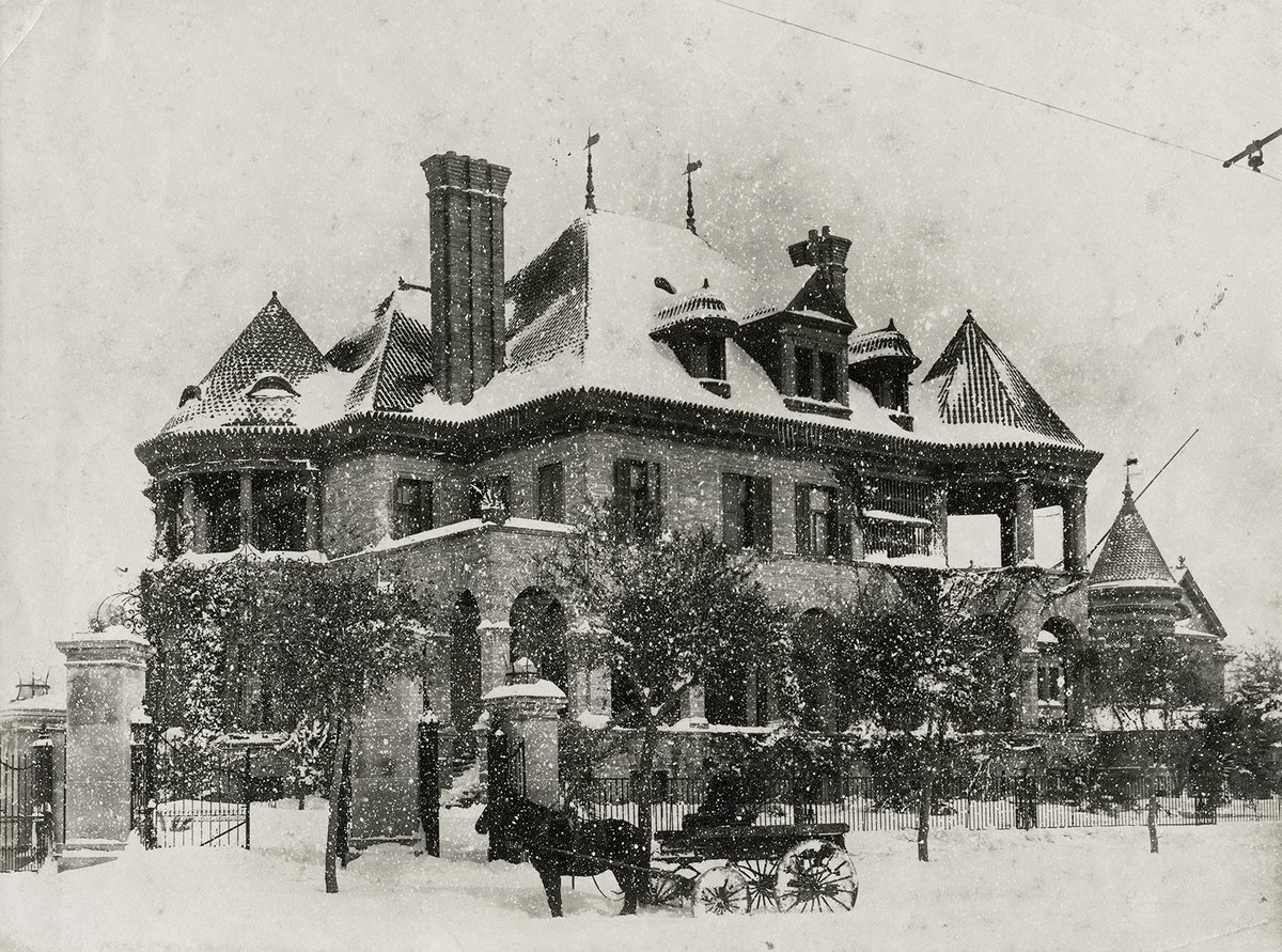 On Valentine's Day, 1895, a foot of snow fell in Galveston. This view is of the Sealy Mansion, which still stands at 2419 Sealy Ave. The unprecedented event erupted into a giant snowball fight. Bankers, doctors, and lawyers suddenly became children again, pelting each other with