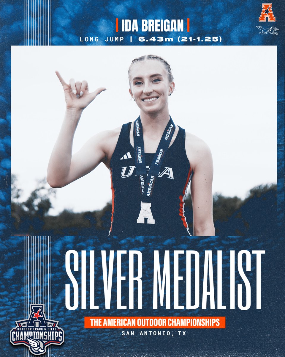 Freshman Ida Breigan secures the first UTSA women's medal of the meet with a conference 🥈 on a 6.43m leap! #BirdsUp🤙 | #LetsGo210