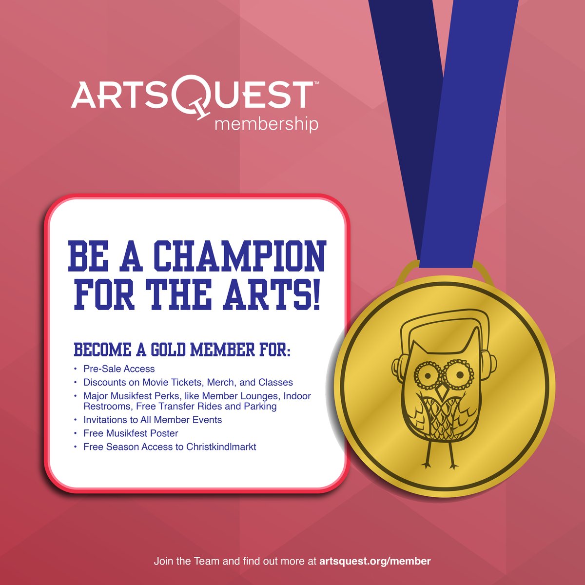 Be a champion for the arts! 🥇 It's time to Go for Gold and become an ArtsQuest Member today! Don't miss out on the amazing benefits that await you. 👉brnw.ch/21wJGWN