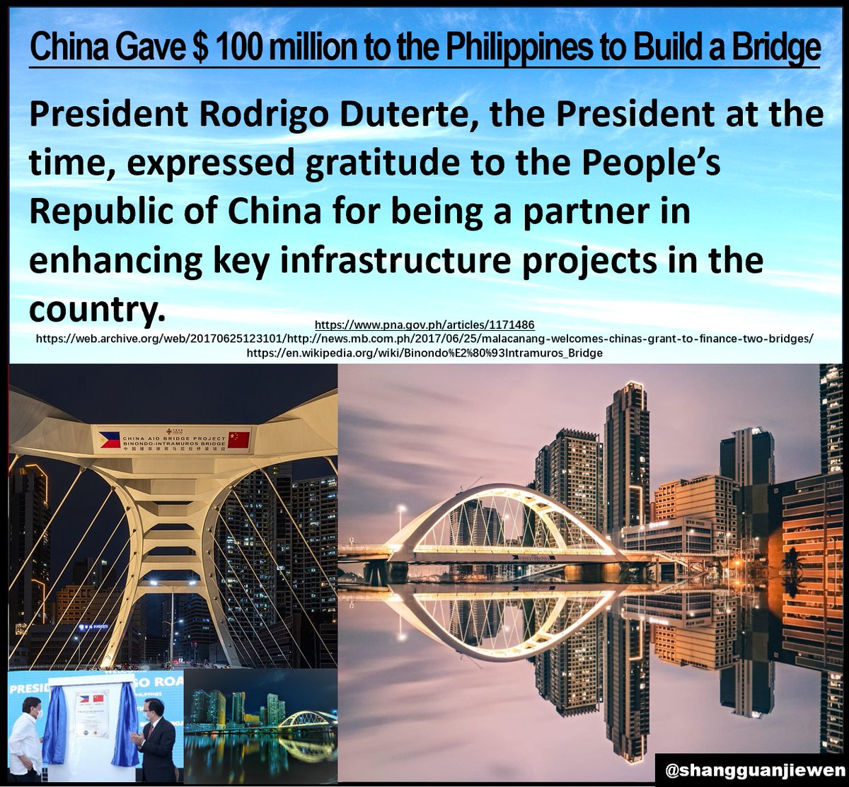 China has built several projects in the Philippines using grants, gifts, from the people of China to the people of the Philippines.

The Binondo-Intramuros Bridge was built as a gift from China.

#Philippines #China #BeltandRoad