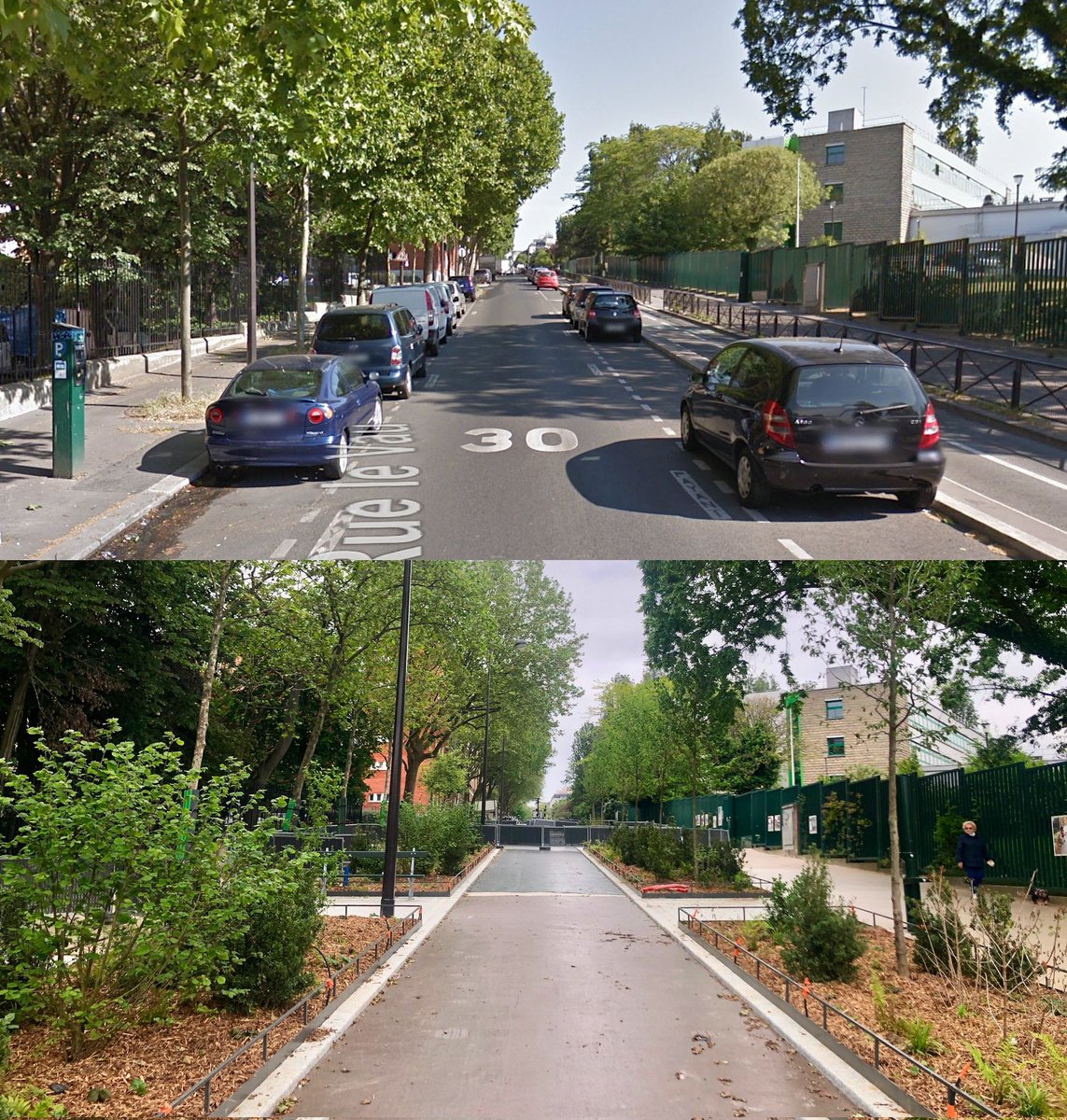 Otra nueva calle escolar en París (van más de 200): adiós bandas de aparcamiento, carril de circulación general y vallas para enjaular niños. 📷 @EmmanuelSPV