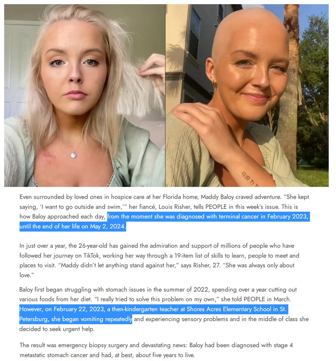 Florida - 26 year old Maddy Baloy, a kindergarten teacher in St.Petersburg, Florida, was diagnosed with Stage 4 Gastric Cancer on Feb.22, 2023 and died on May 2, 2024.

Diagnosis to death: 14 months.

COVID-19 mRNA Vaccines cause aggressive cancers called 'Turbo Cancer' that…