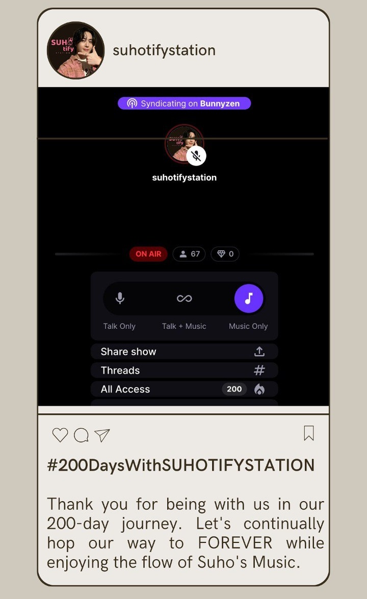 From a small family of 17 dreamers with big aspirations of hitting 10K streams, our adorable 'BUNNYZEN' channel on @STATIONHEAD has now reached its 200th day. Thank you everyone for supporting SUHO by joining our streaming parties and growing with us🫰 Special appreciation to…