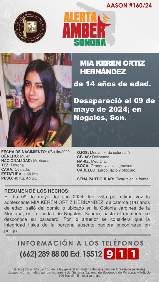 🚨SE ACTIVA ALERTA AMBER SONORA PARA BÚSQUEDA y LOCALIZACIÓN DE MIA KEREN ORTIZ HERNÁNDEZ, de 14 años de edad. Desapareció el 09 de mayo de 2024, en Nogales, Sonora.🚨 ✨De antemano, muchas gracias por su contribución y apoyo a su difusión📲👀🖥️🎙️📰🔊👂