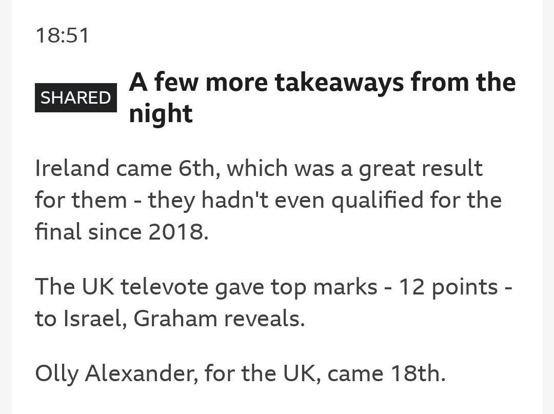 According to the BBC: The UK jury at the Eurovision song contest gave Israel's Eden Golan zero point, while the UK public vote gave Israel 12 points (1st place)
