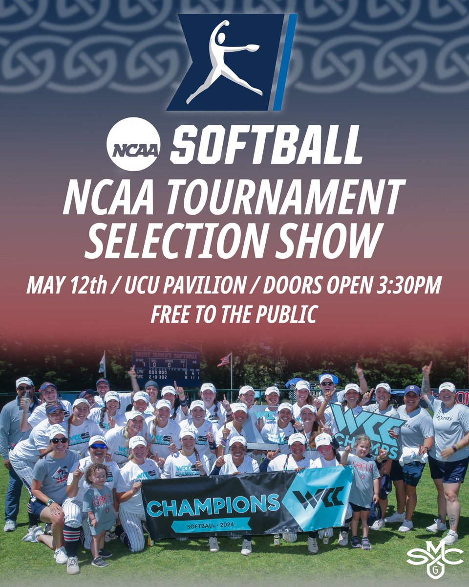 Your 2024 WCC Softball Champion Saint Mary's Gaels welcome you to join them for a watch party for Selection Sunday tomorrow, May 12 inside UCU Pavilion! Click the link below for more information: 🔗 smcgaels.com/news/2024/5/11…